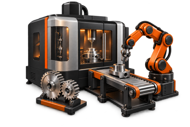 CNC machining center and orange industrial robot working together in a manufacturing cell